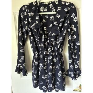 Love Floral Romper surplus ruffle wrap front elastic waist long slv ruffle cuff